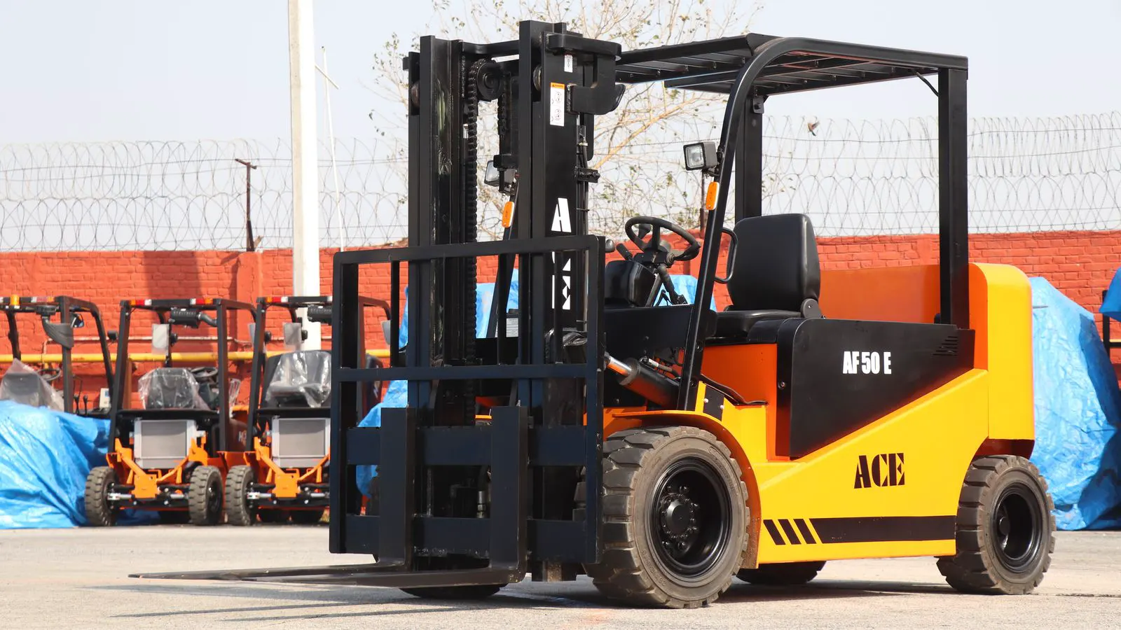A forklift operator standing next to a parked electric and diesel lift truck.