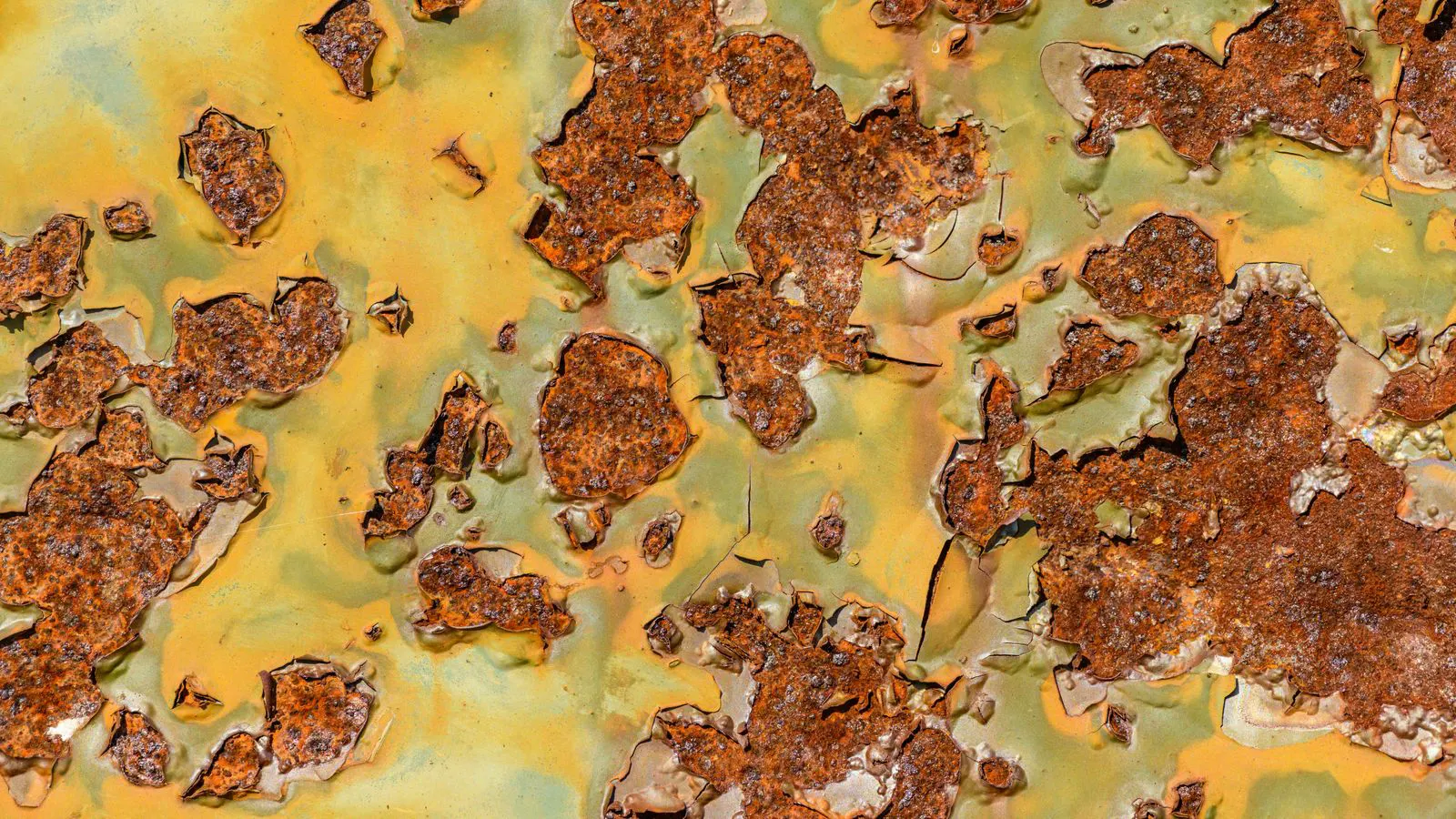 Close-up view of a metal panel with flaking orange powder coating showing adhesion failure.