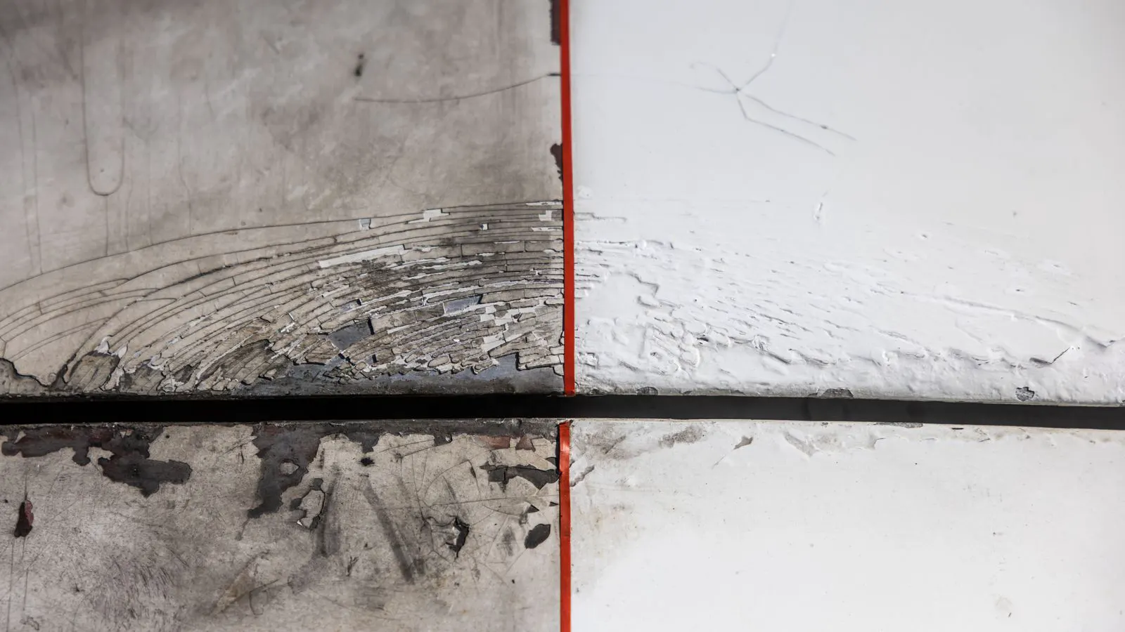 Peeling powder coating on metal surface showing delamination