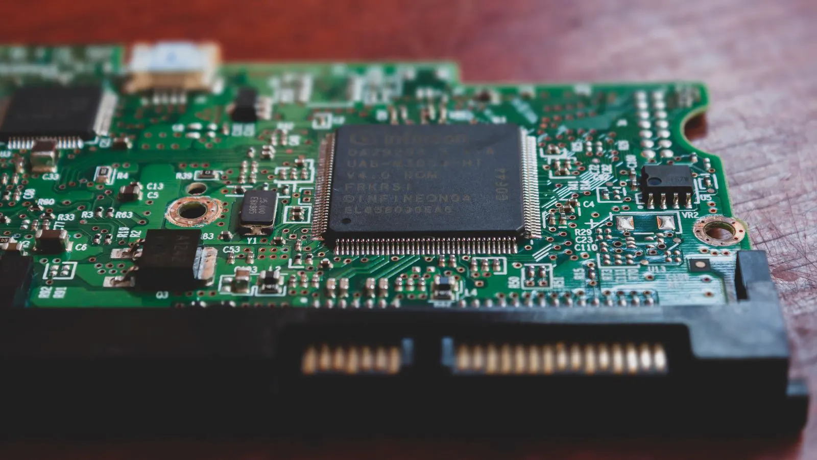 A close-up photograph of a microchip mounted on a green printed circuit board
