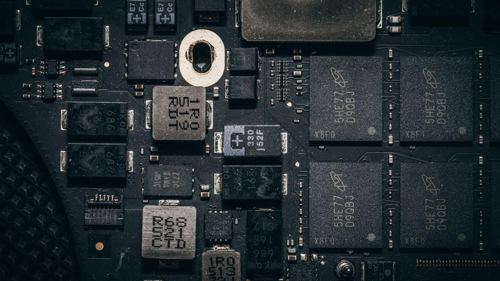 Close up of a printed circuit board with small transistors