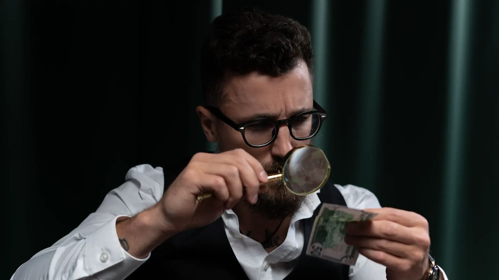 An engineer examines a metal connector with a magnifying glass