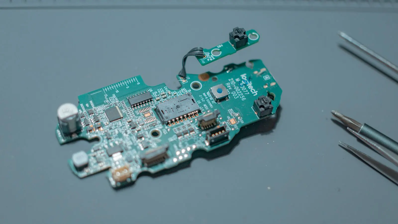 Close view of surface mount capacitors on a printed circuit board