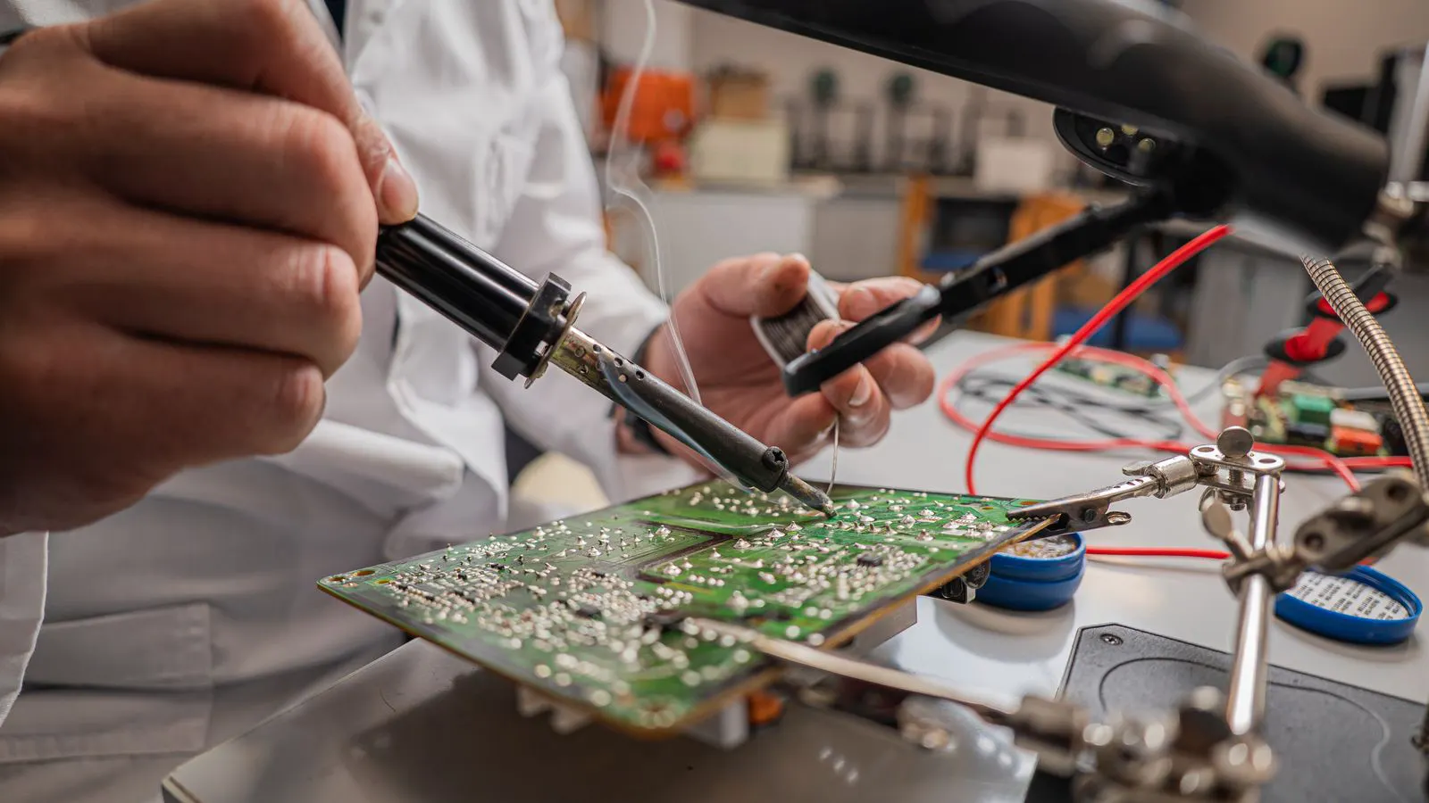 A close up view of a circuit board with power integrated circuits installed