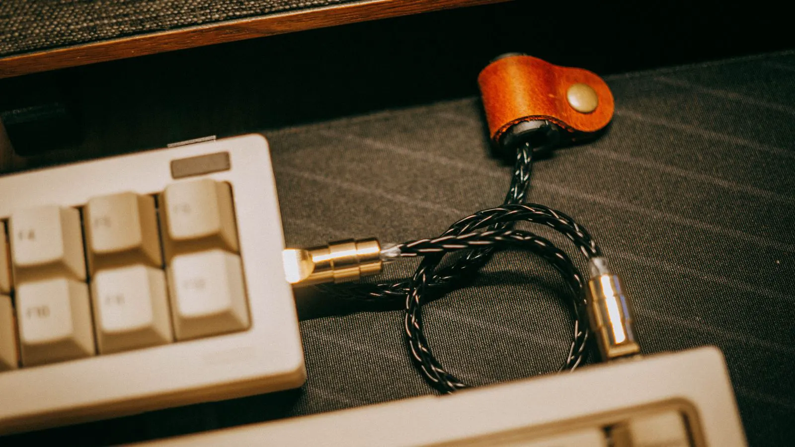 Close up view of a copper braid shield on a control cable.
