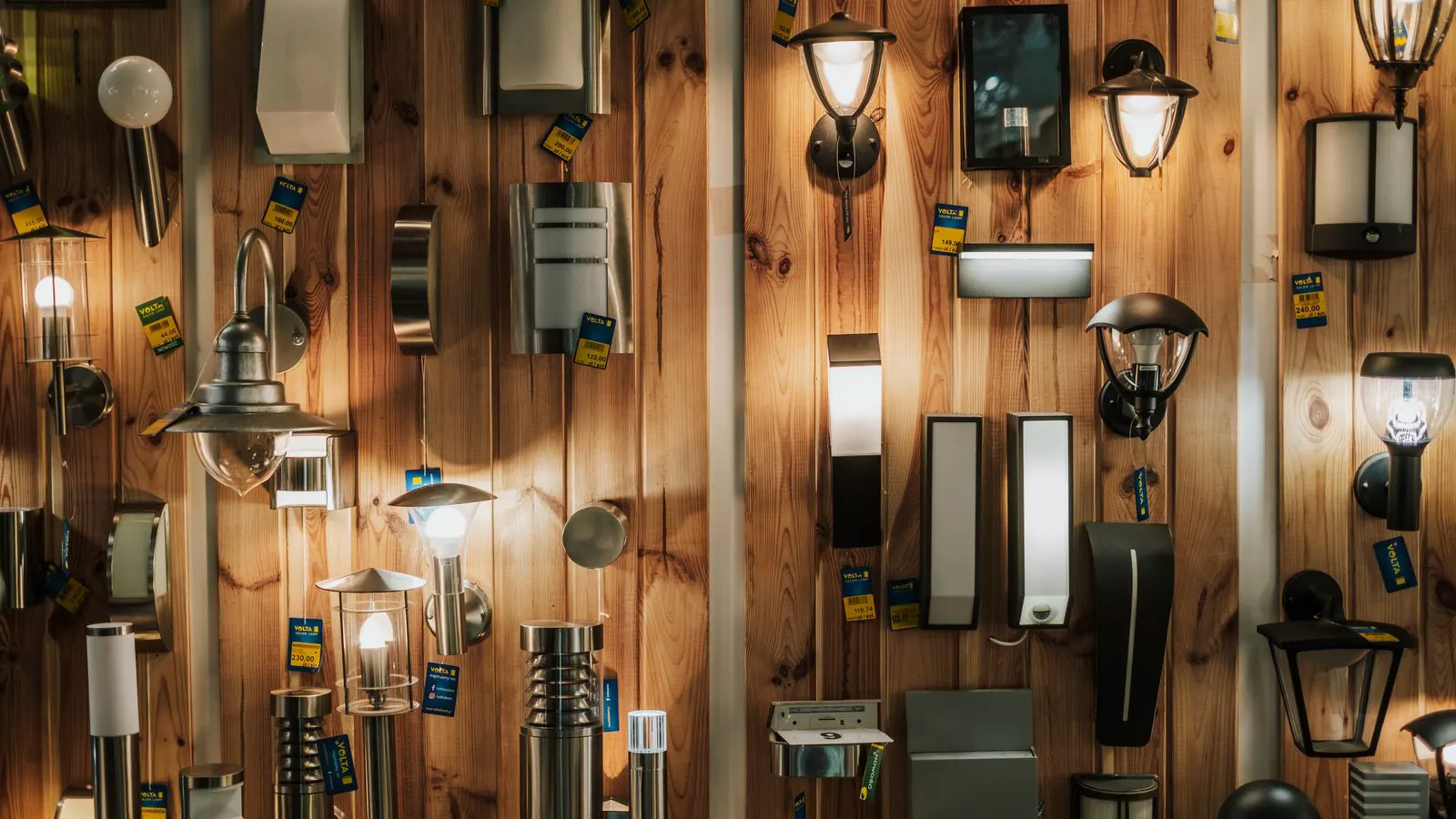 Bright LED track lights illuminating a retail display shelf