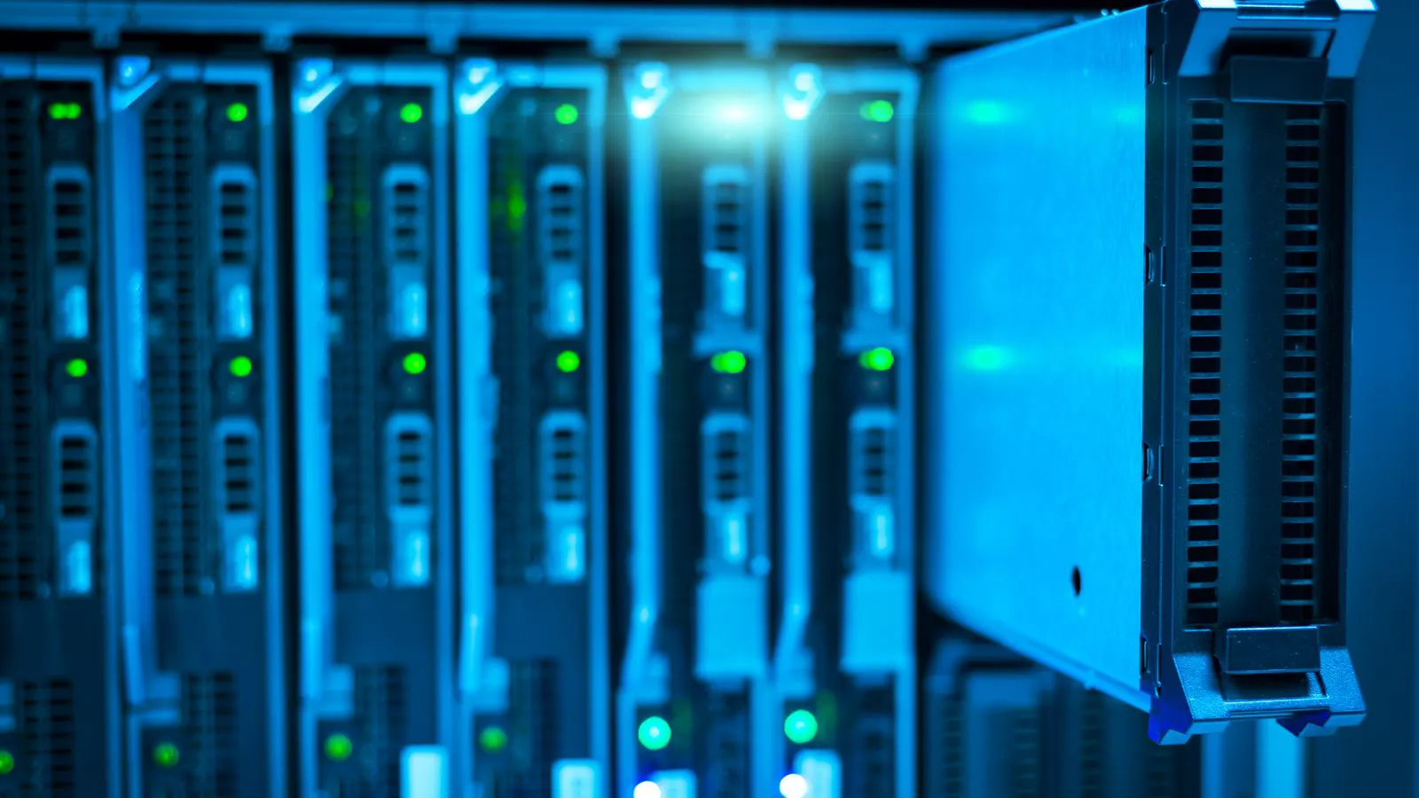 A rack of network video recorders with hard drives installed