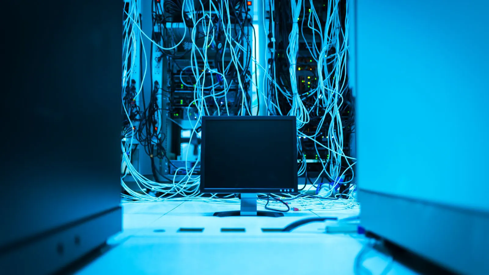 Rack mounted networking equipment with visible cable management