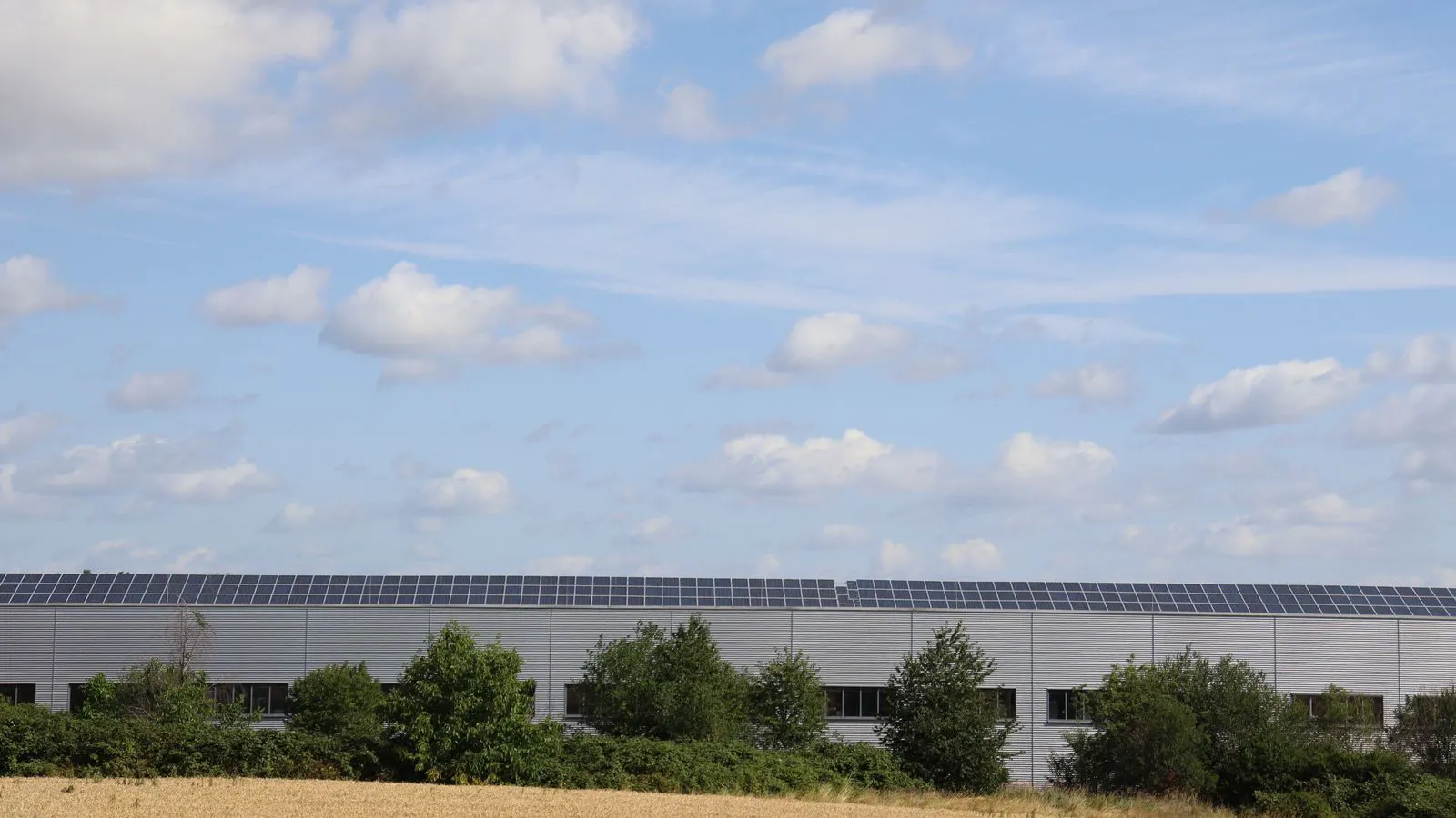 Tall stacks of solar panels stored in a large warehouse