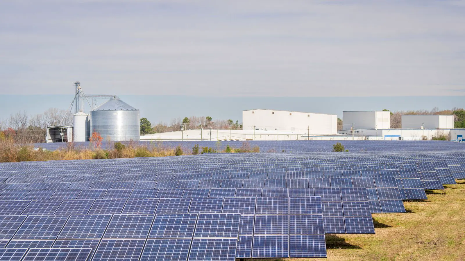 A row of central inverter cabinets at a utility scale solar farm.