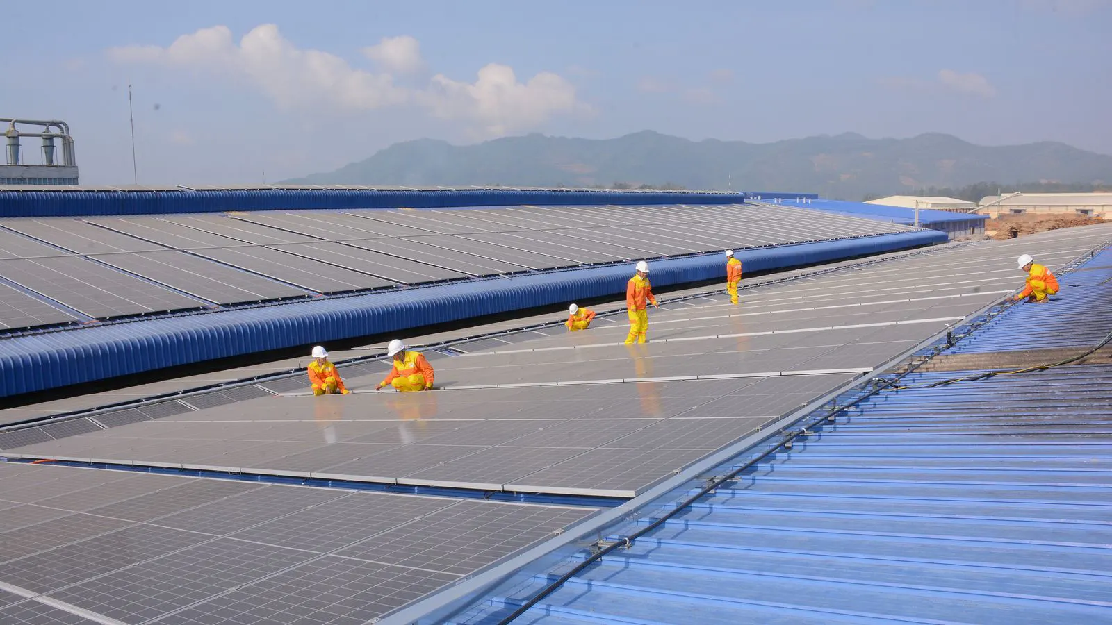 Rooftop solar panels mounted on metal rails