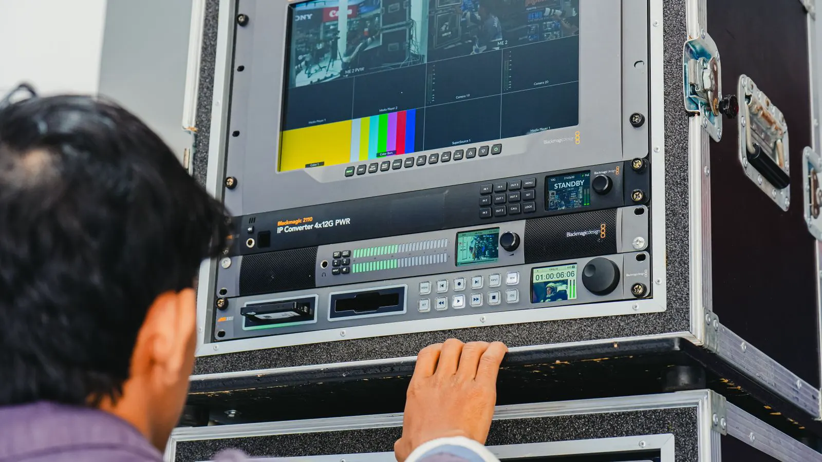 Control room with battery racks and monitoring screens