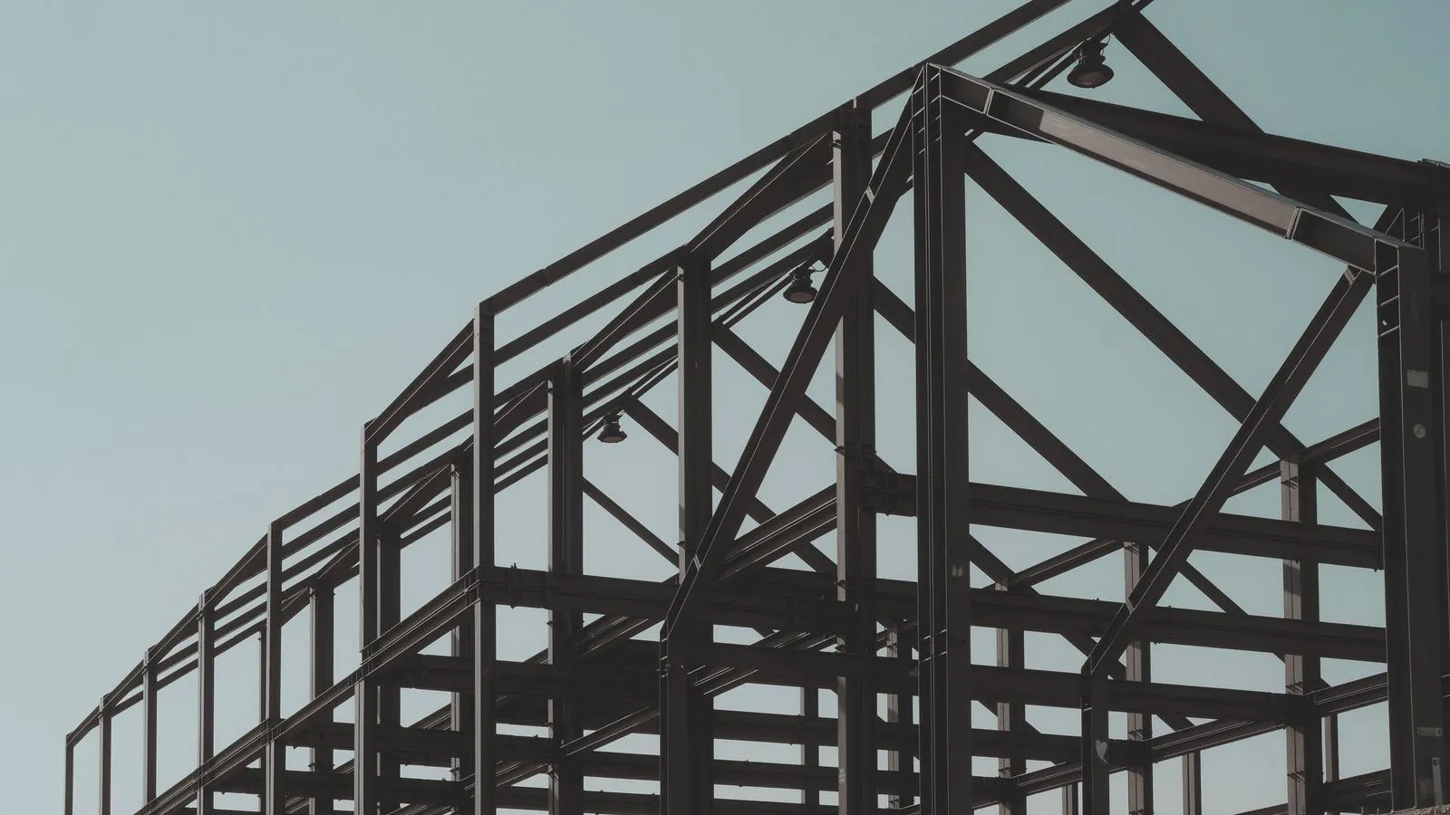 Close view of a steel building structural connection joint