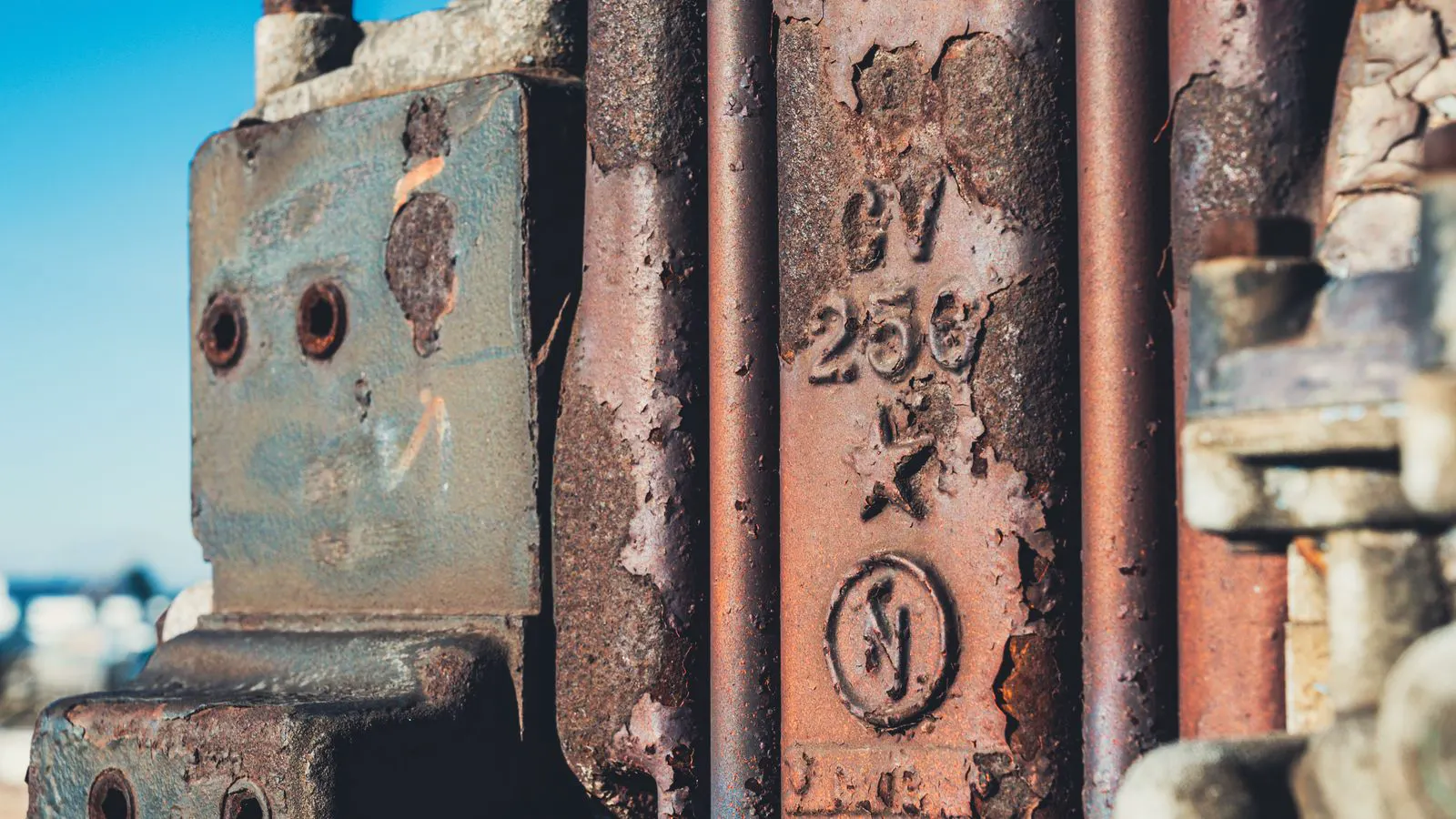 Close up of rust spots on a galvanized steel beam