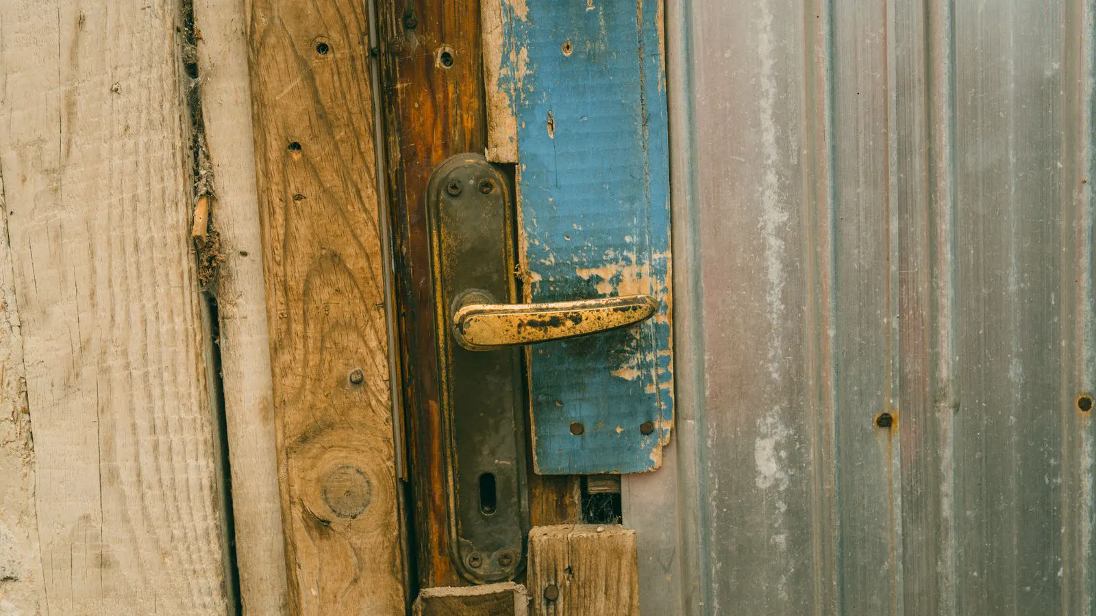 A close up photograph of a brushed metal door handle on a wooden door edge.