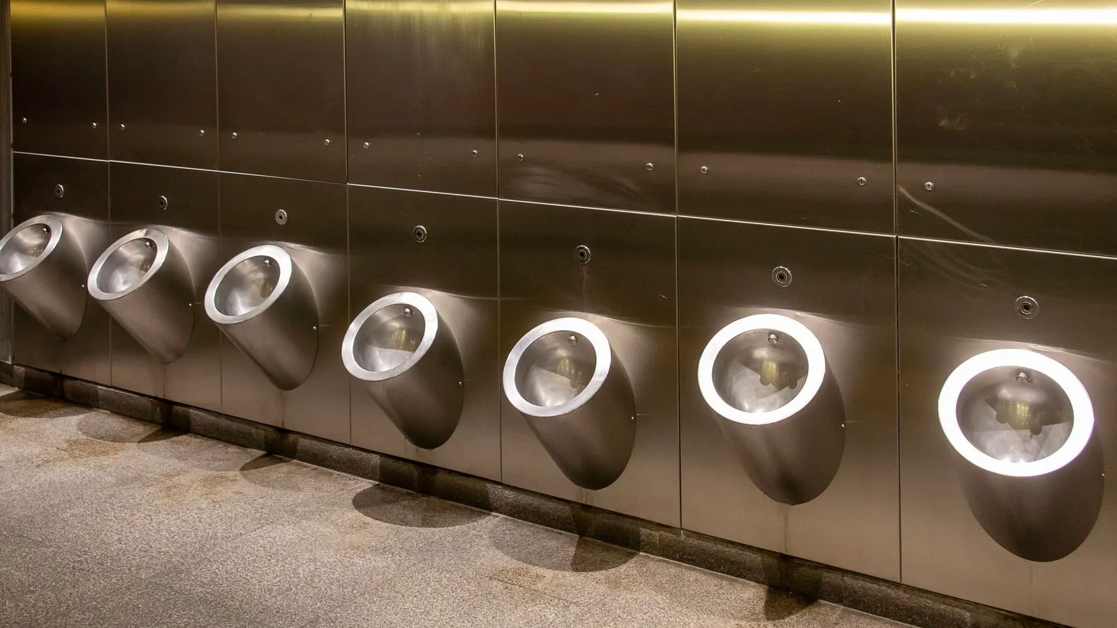 A wall mounted urinal fixture installed in a public restroom area