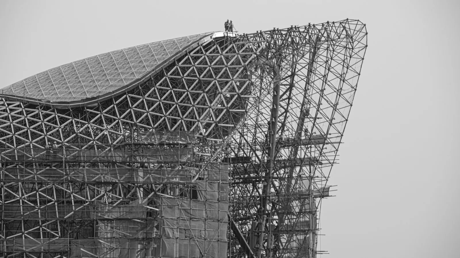 Temporary steel scaffolding structure on a construction site