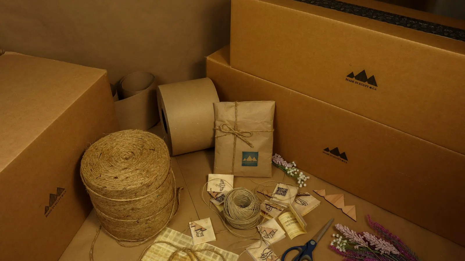 Stack of clean brown corrugated boxes on a warehouse floor