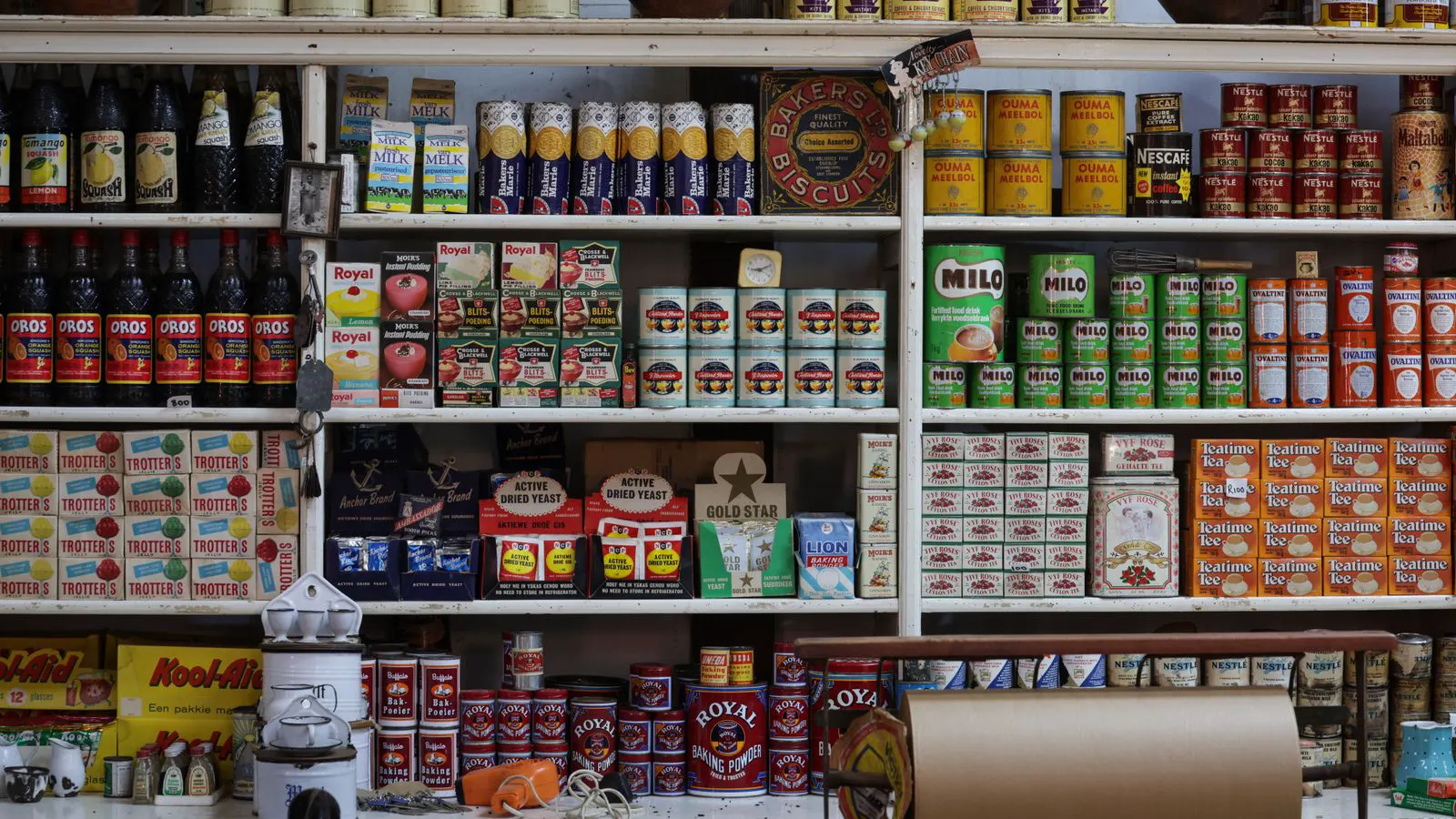 Close up view of various retail product labels on a shelf