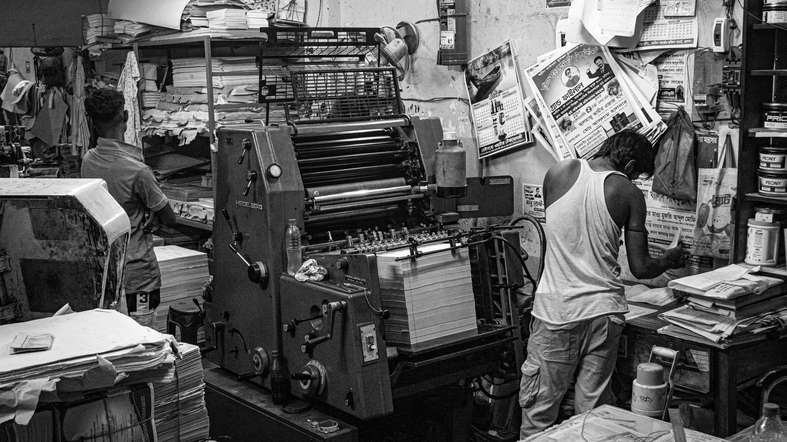 Close up view of a label printing press producing uniform printed labels