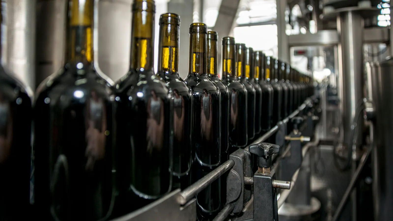 A close-up view of a plastic bottle filling line in operation