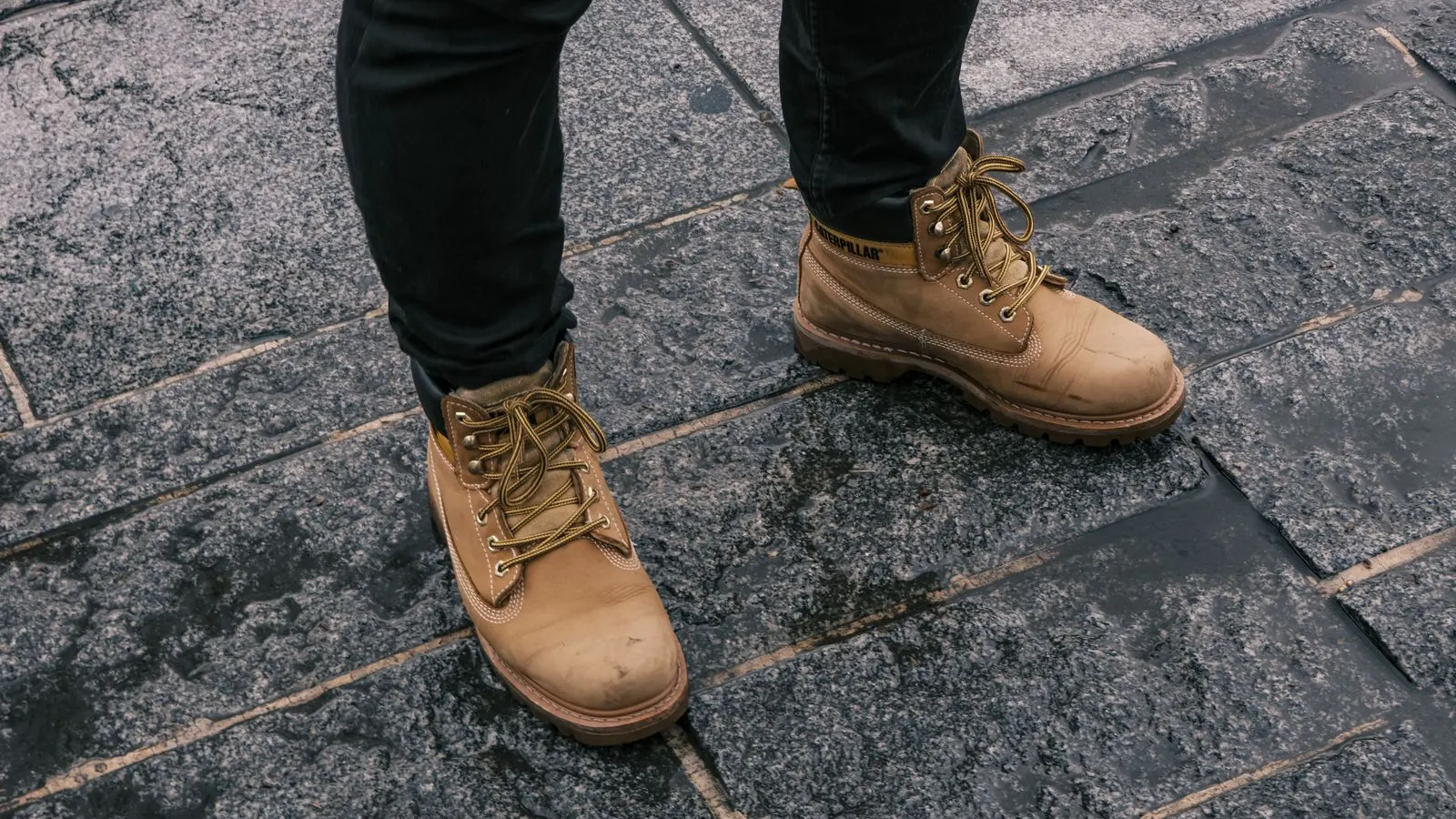 Close up view of brown leather work boot upper