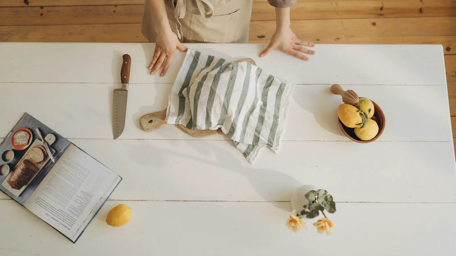 Overhead view of a commercial kitchen work zone