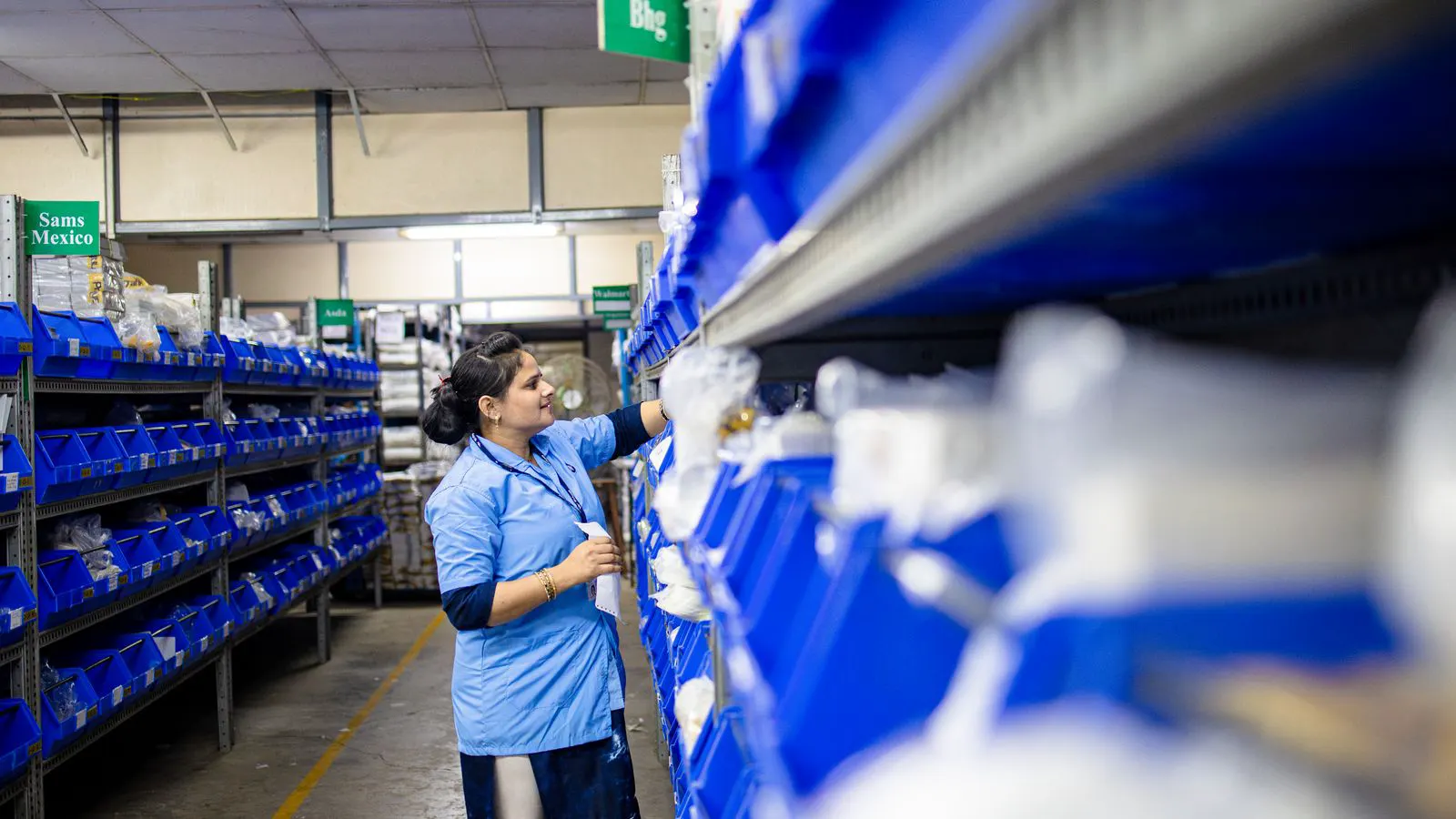 Shelves stocked with medical consumables in a warehouse