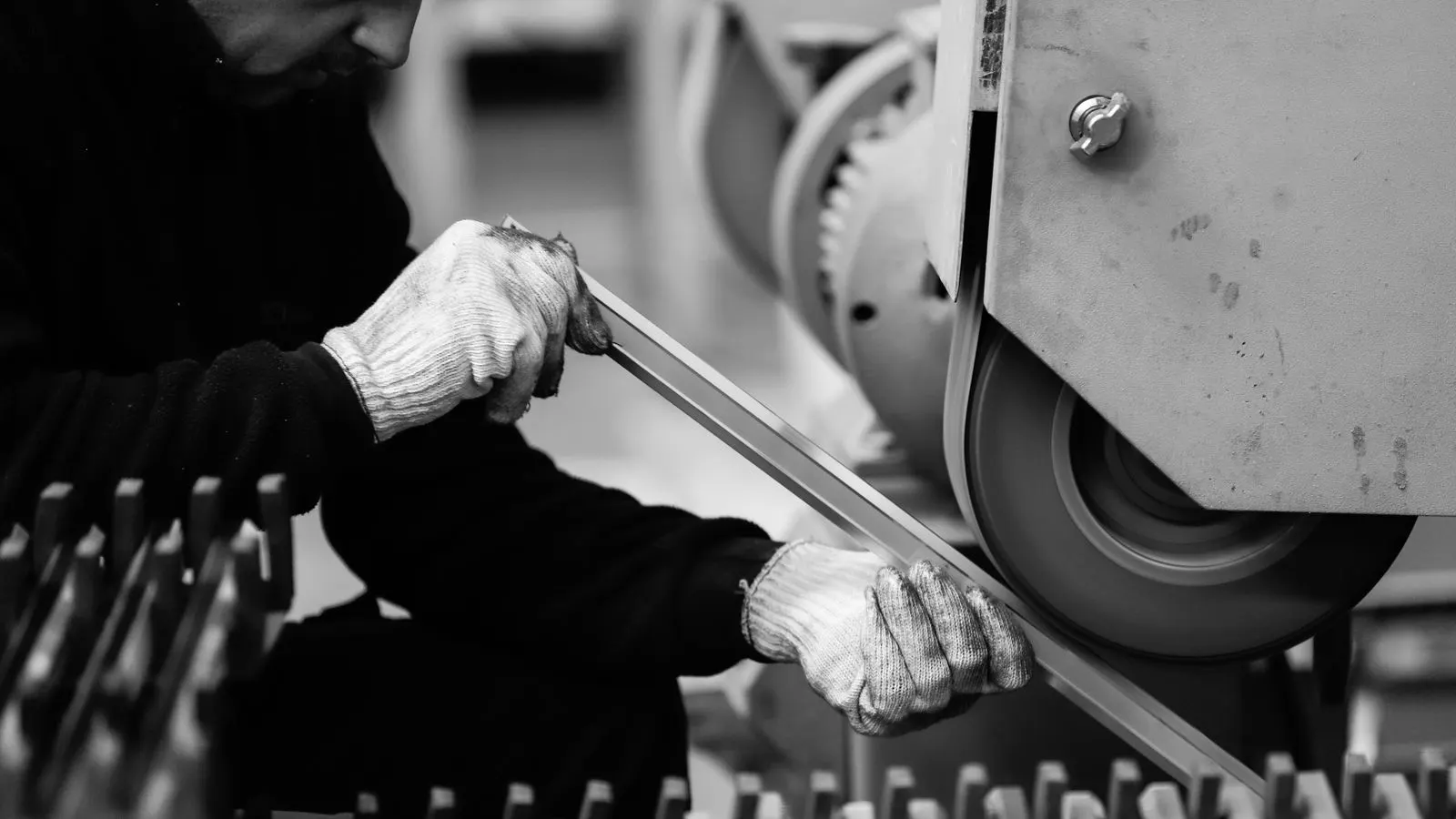 Close up view of an extrusion line producing plastic profiles