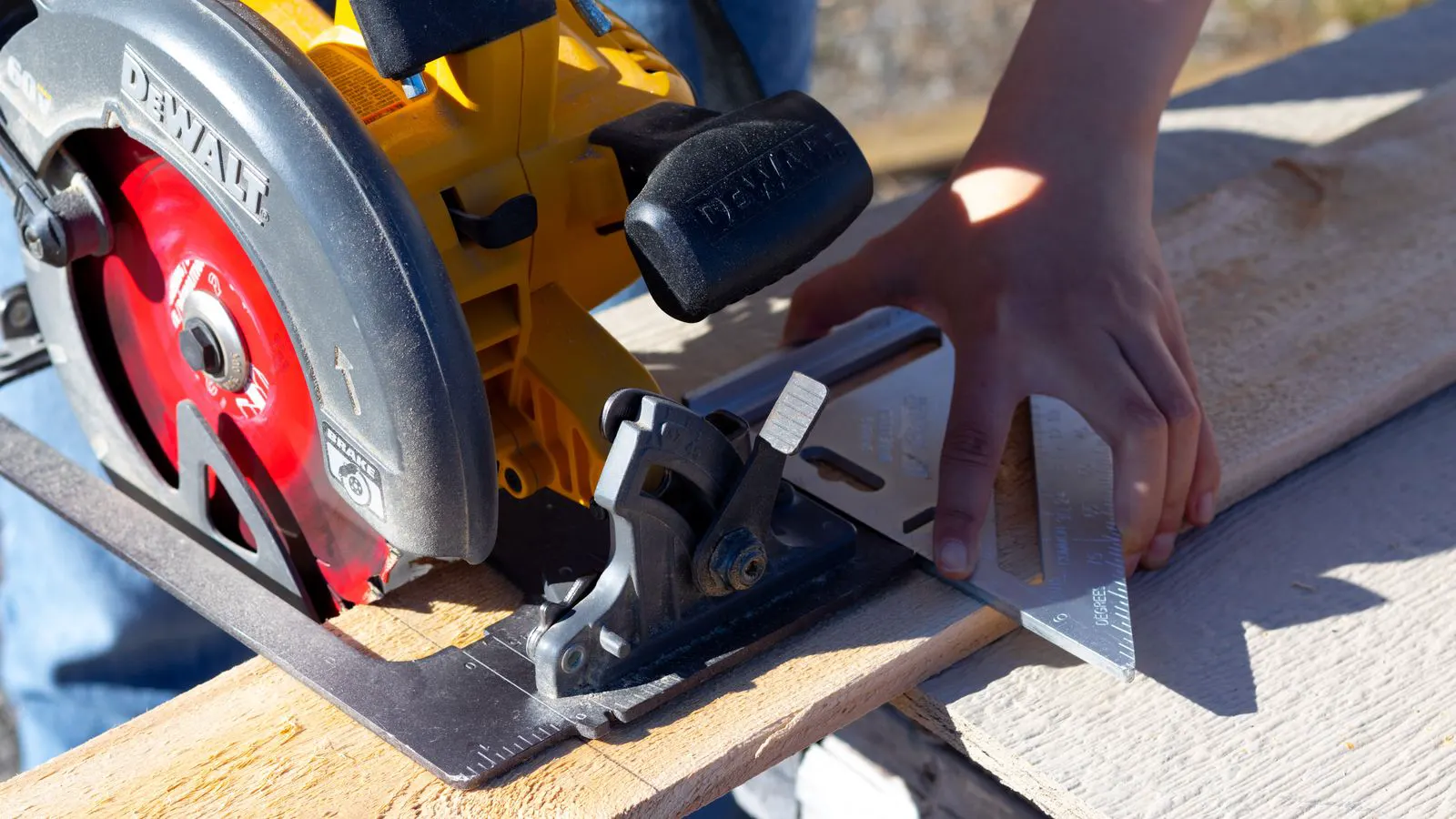 Close up of a panel saw blade guard and riving knife