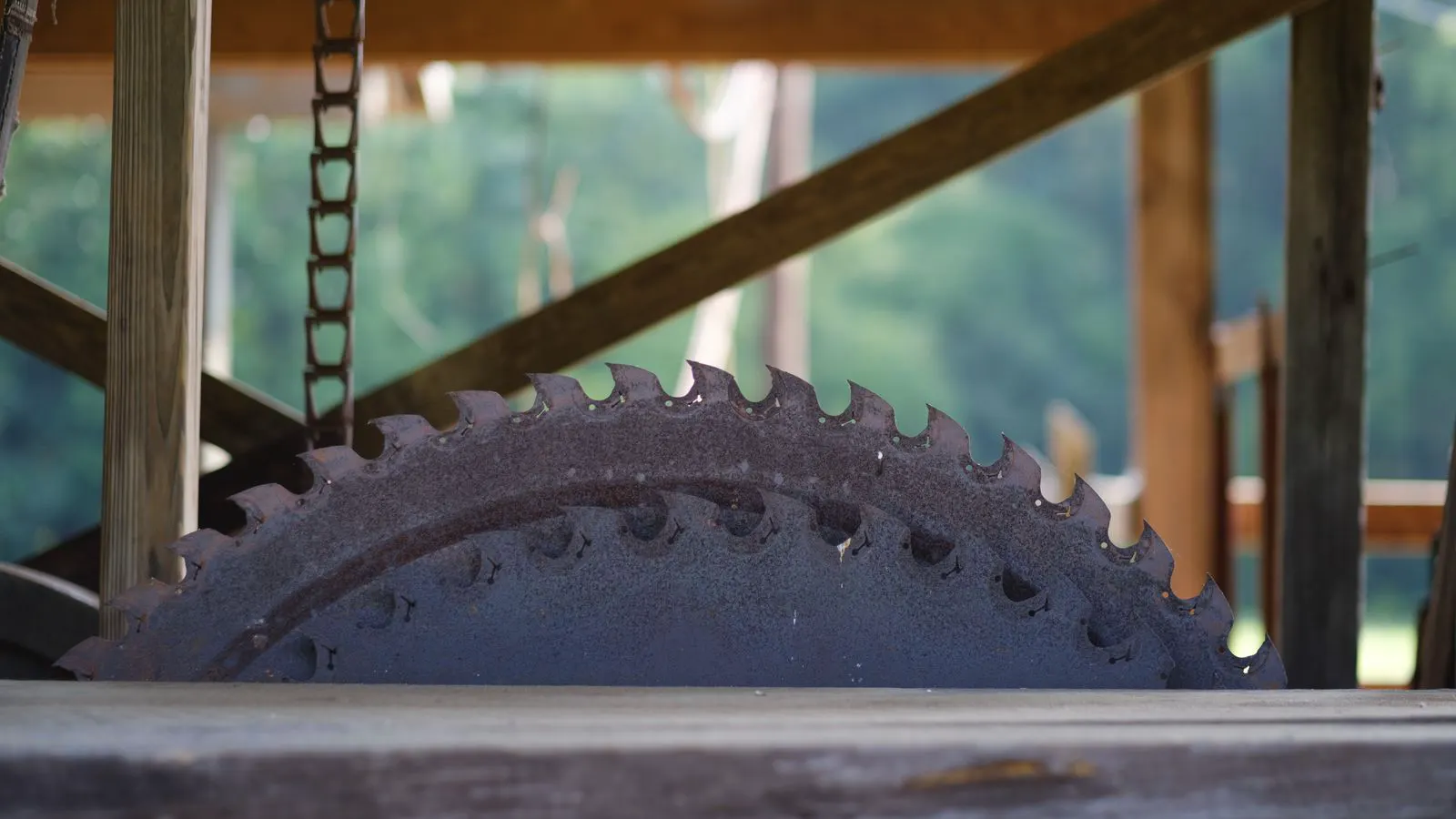 A workshop scene featuring a circular saw and a band saw side by side.