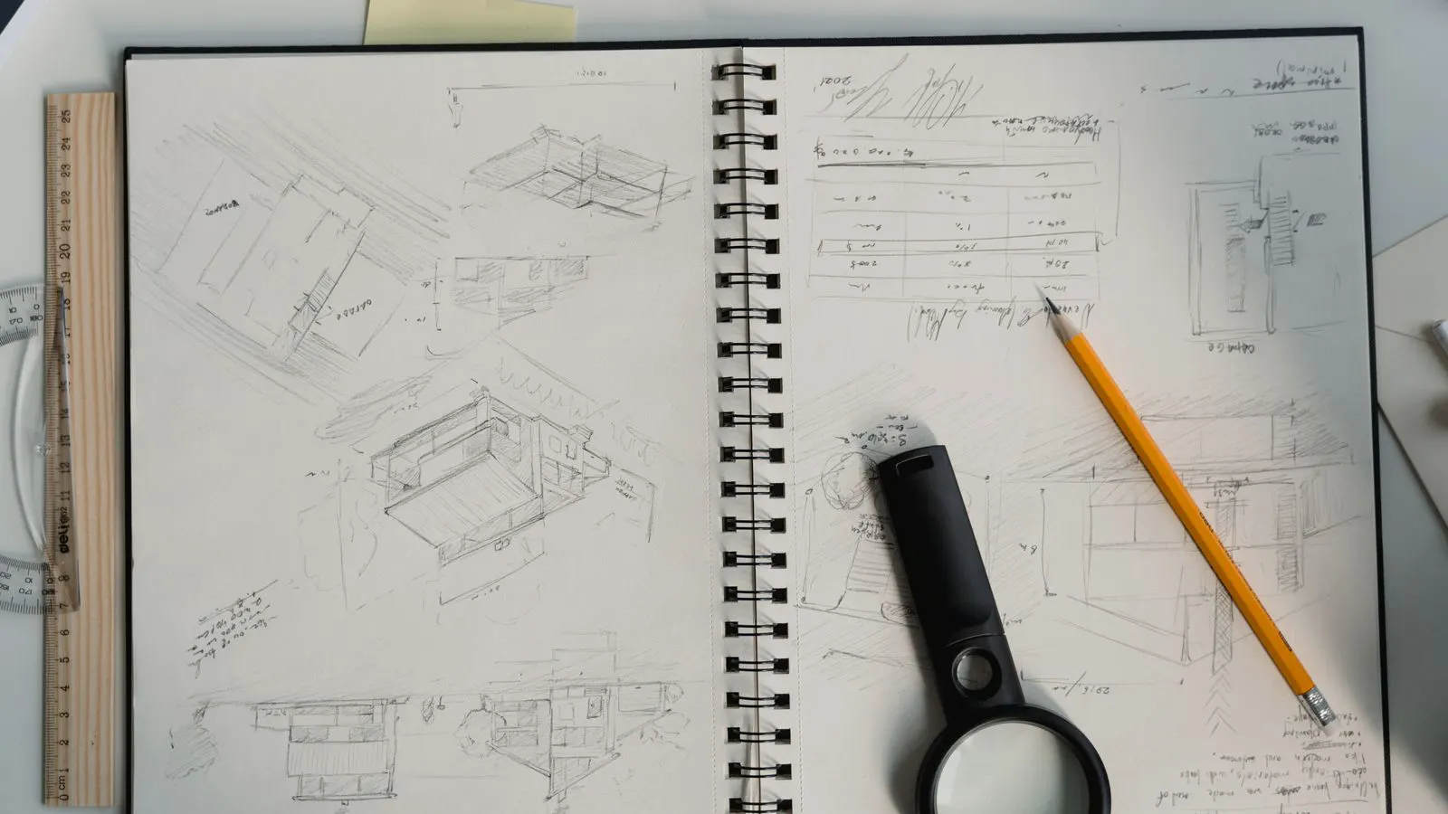 Engineer reviewing a sheet metal flat pattern drawing at a drafting desk