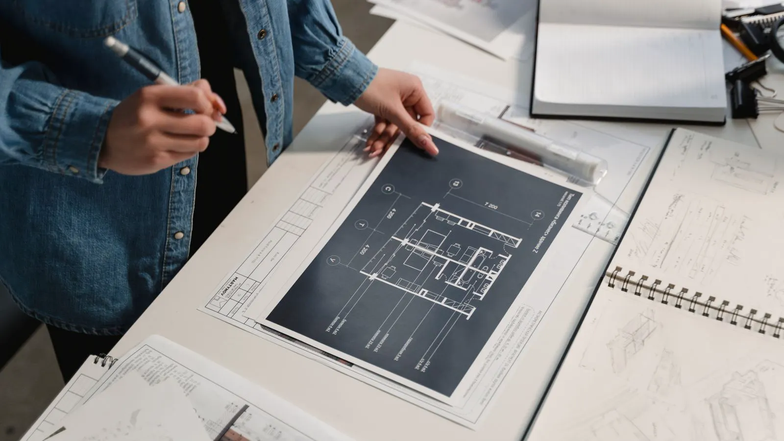 Technical drawings and a laptop open on a metal workbench